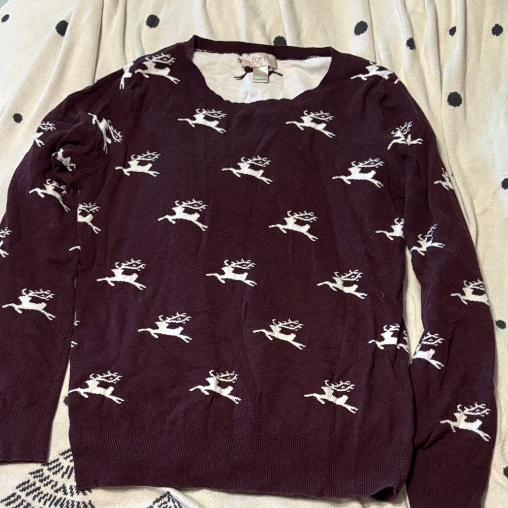 LOFT Cream and Brown Reindeer Sweater